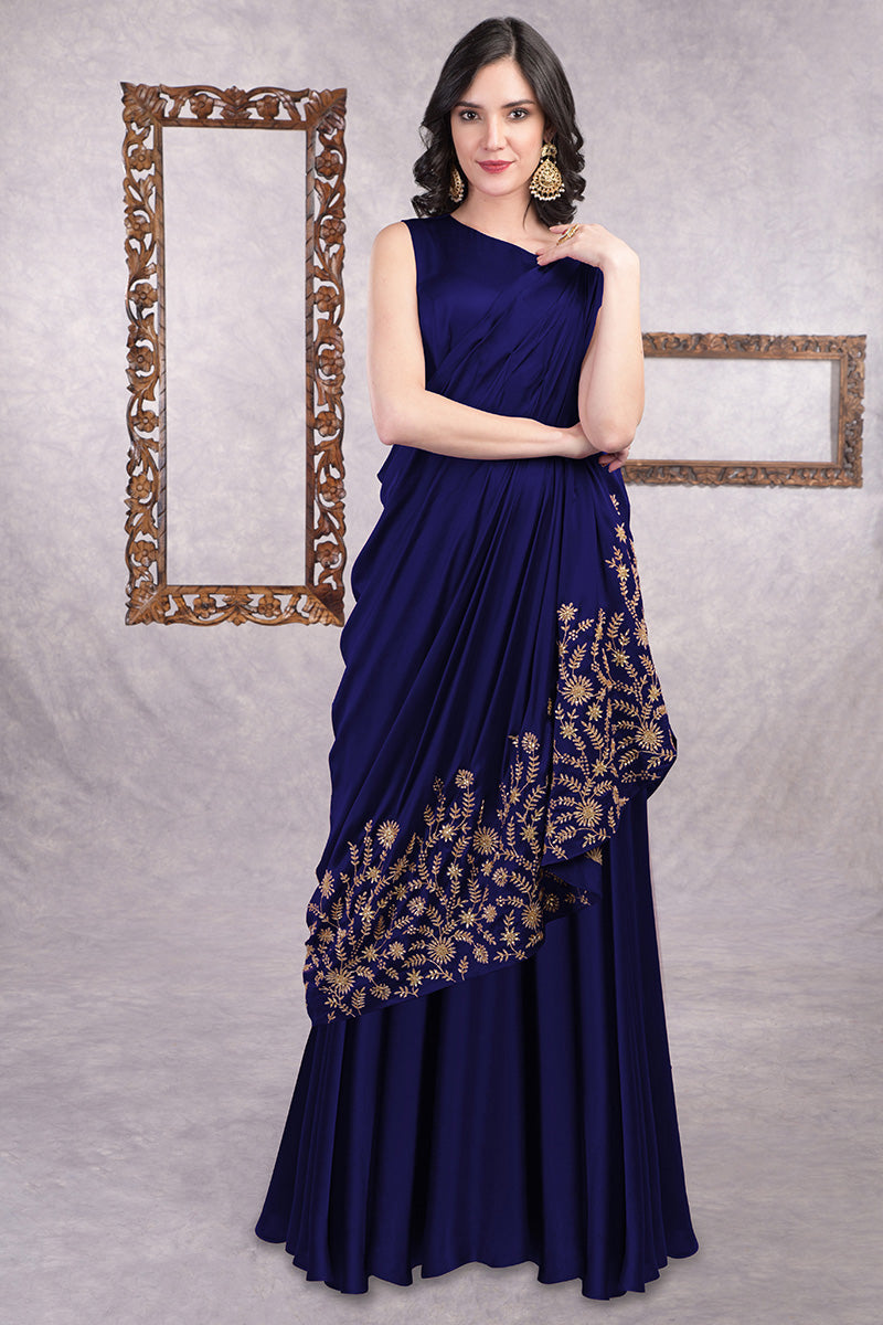 Indo Western MOH5020 Party Cocktail Wear Blue Georgette Silk Sari Gown